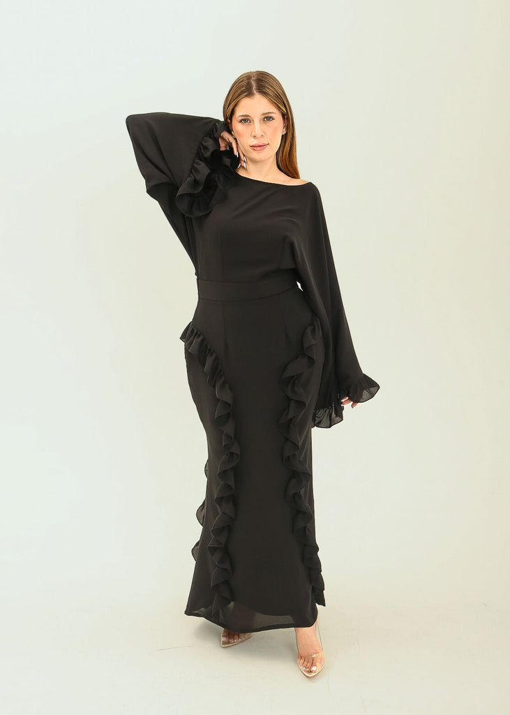 amber dress in black with ruffles